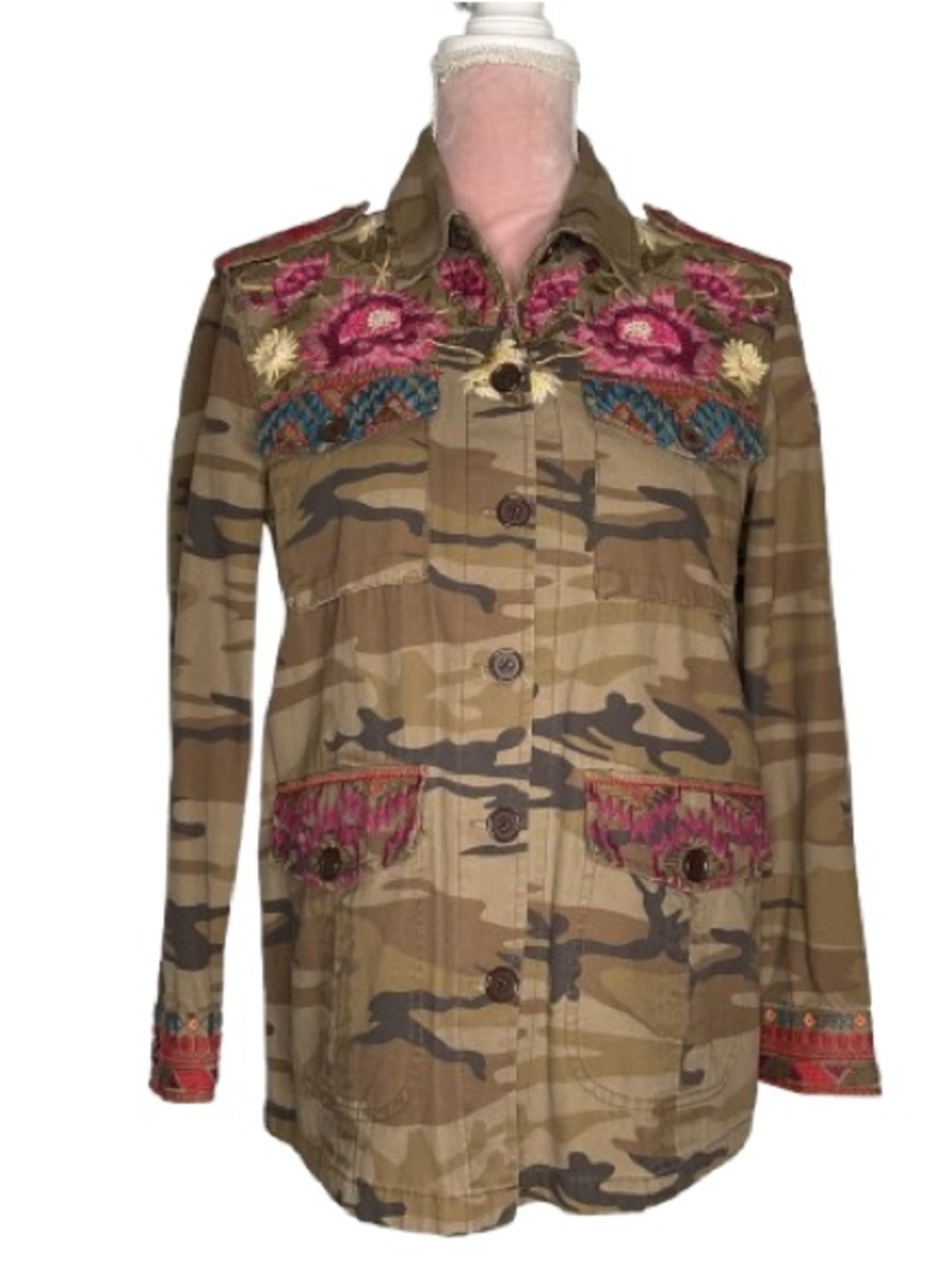 Johnny Was Camouflage Utility Jacket with Pink‎ Floral Embroidery